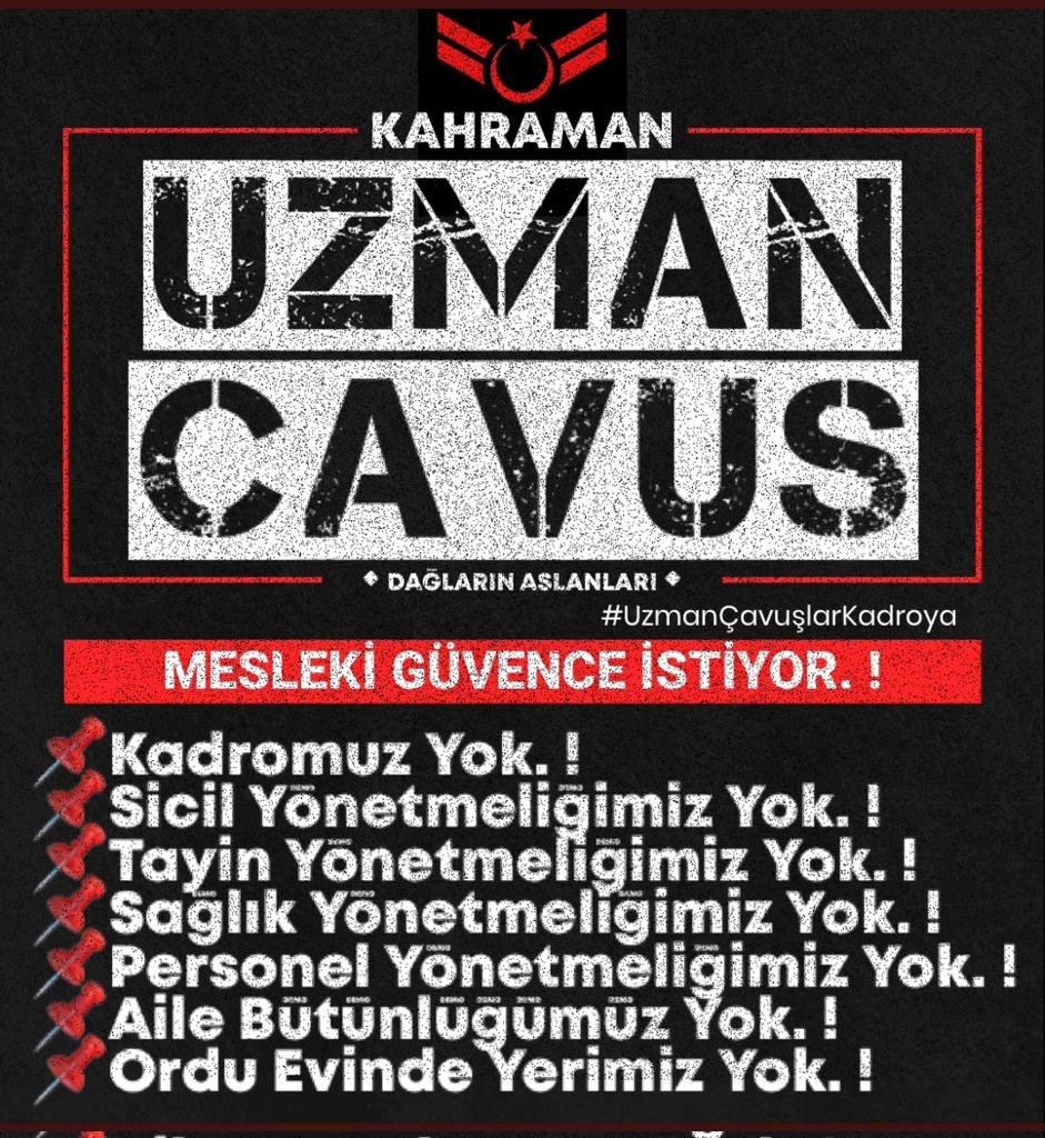 <a href="/alitilkici38/">Ali Tilkici 🇹🇷</a> #UzmanÇavuşUnutulmasın
#CanVereneKadroNedirki
#UzmanÇavuşlar
#UzmanÇavuşaMüjde

Kıdemleri Rütbeden Sayılmıyor
Nöbet Yönetmeliği Yok
Sicil Yönetmeliği Yok
Atama Yönetmeliği Yok
MESLEKİ GÜVENCE YOK