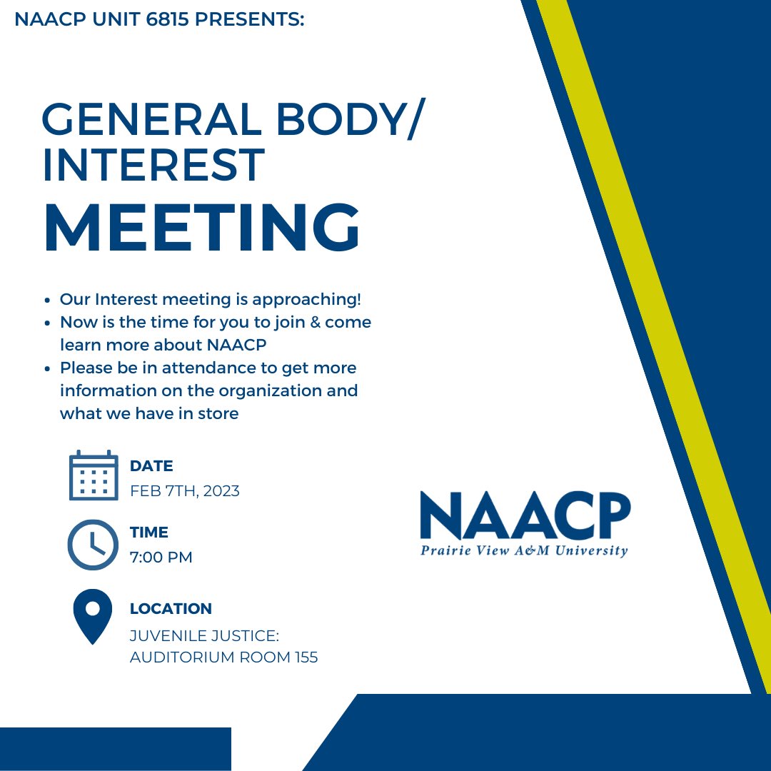 Are you interested &amp; want to know more about joining NAACP ? Well join us for our First NAACP UNIT 6815 general body/interest meeting of the semester on February 7th, 2023 @7:00pm in the Juvenile Justice Building Auditorium Room 155 SEE YOU THERE !! 🟣🟡