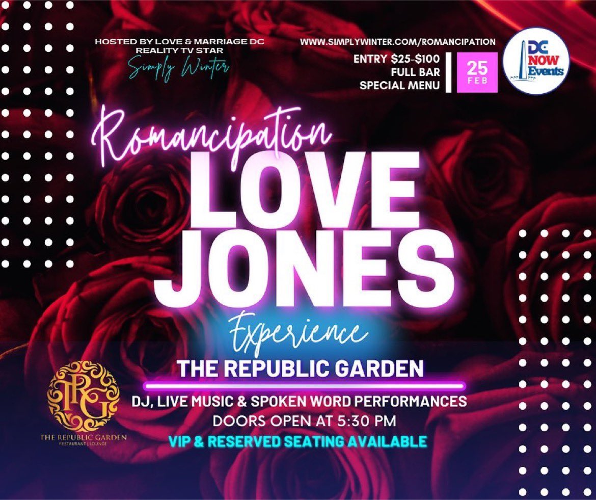 In conjunction with Winter @ImSimplyWinter Join us for the “Romancipation Love Jones Experience” on February 25th 
at The Republic Garden .  

Come experience a SpeakEasy vibe along with live performances! 

RSVP ⬇️
simplywinter.com/romancipation

#romancipation #LAMDC #SimplyWinter