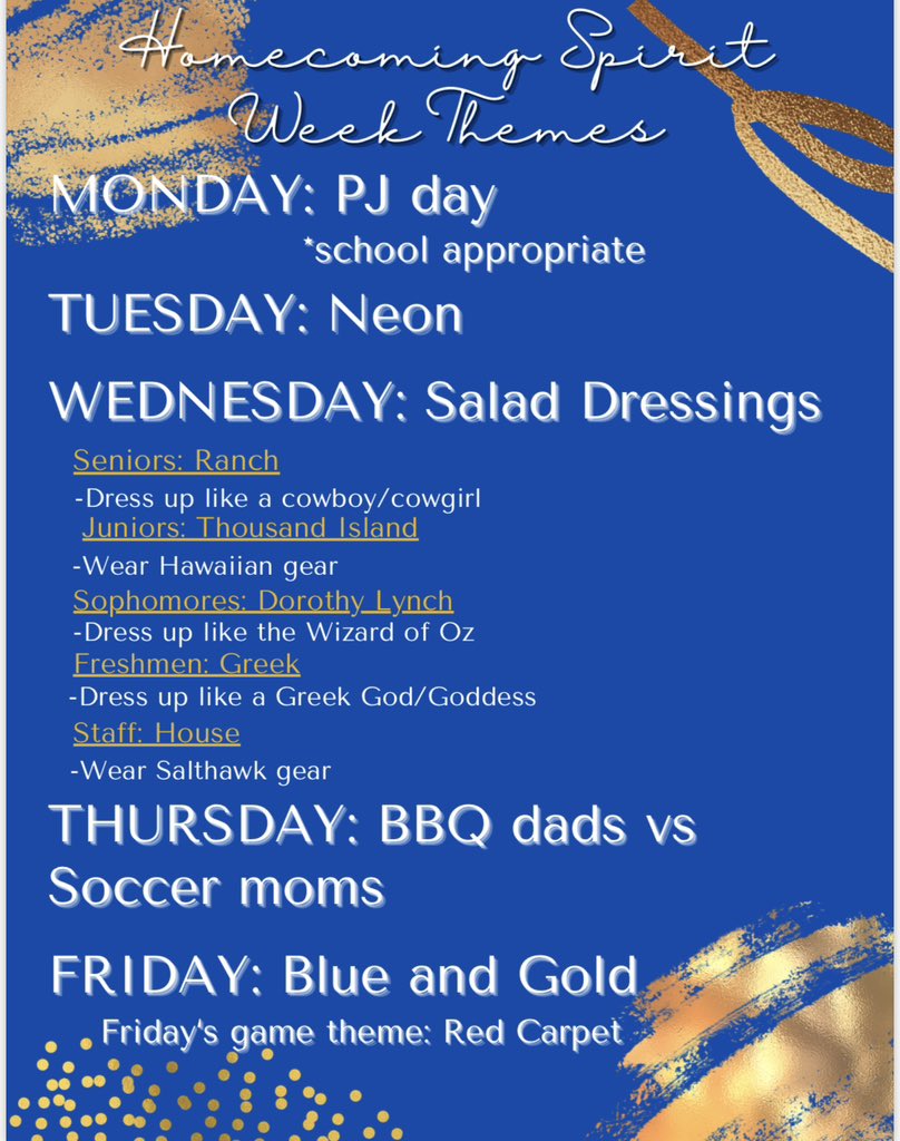 Homecoming Week is here! Salthawks, don’t forget to show your school pride by dressing up for Spirit Week!