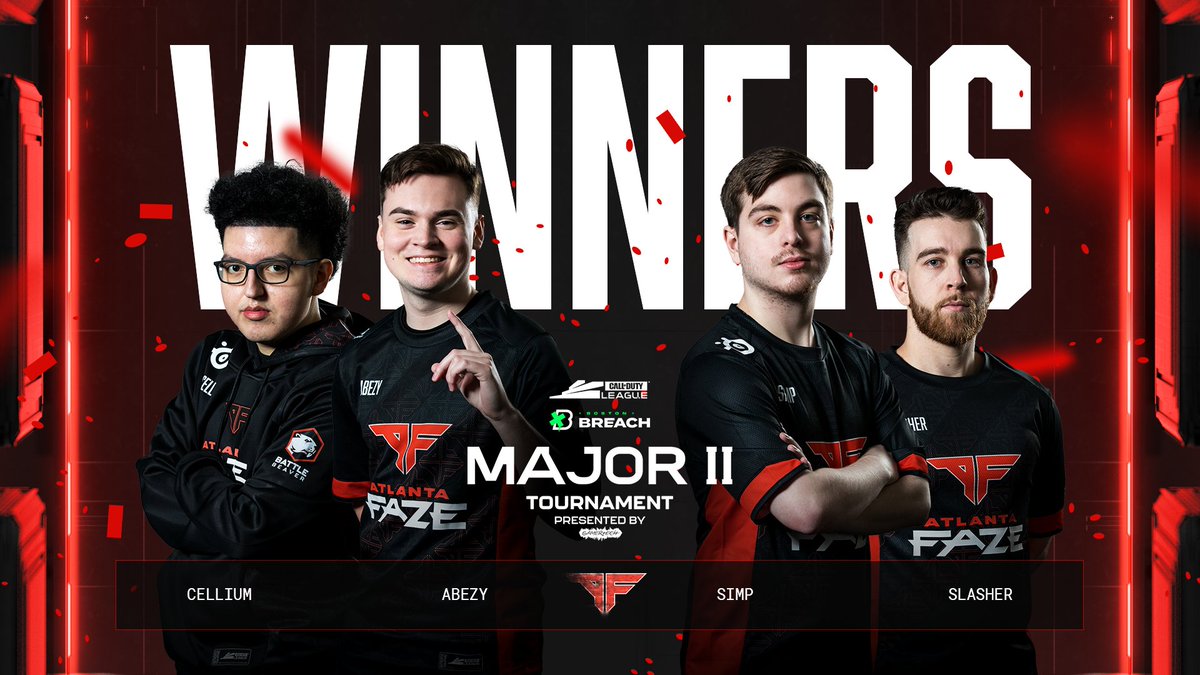 CODLeague's tweet photo. BACK ON TOP!

@ATLFaZe ARE YOUR #CDL2023 MAJOR II CHAMPIONS 🏆

▪️ @Cellium  
▪️ @aBeZy  
▪️ @SimpXO  
▪️ @SlasheR_AL  

#EZAF | #WeTheA https://t.co/LvLrXFZxSt
