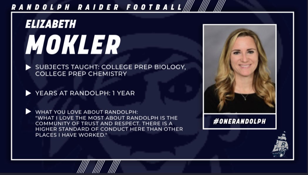 RRaidersFBL's tweet photo. This week in our “Teacher Spotlight” series we want to highlight Elizabeth Mokler. Elizabeth was selected by the Freshmen. Thank you for all you do for our school and our student-athletes #OneRandolph #BuiltDifferent #RaiseTheR https://t.co/5gksM5UOeO