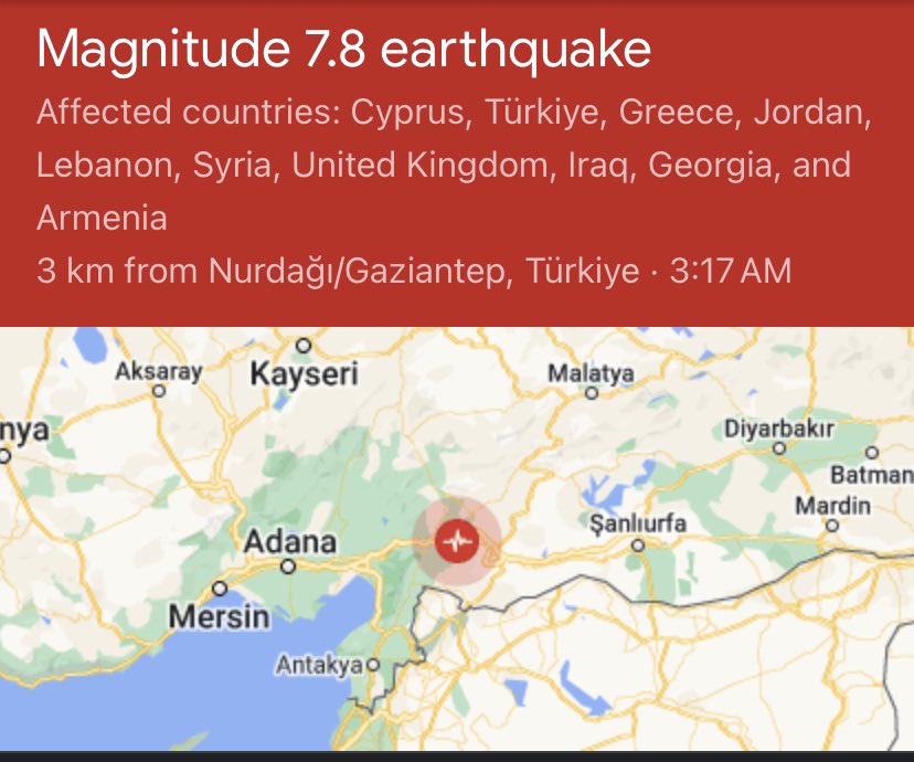 nicfrakesjourno's tweet photo. Early reports are suggesting that the #earthquake felt throughout #Lebanon was from a ~7.8 magnitude earthquake in #Turkey near Gaziantep. One aftershock felt so far. #لبنان #هزة_أرضية https://t.co/JbM0D384AV