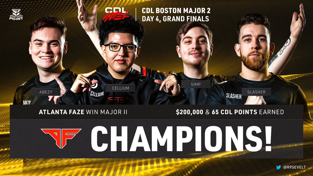 intelCDL's tweet photo. The script was written — @ATLFaZe ARE BACK AND ARE YOUR MAJOR II CHAMPIONS 🏆

@aBeZy | @SlasheR_AL | @Cellium | @SimpXO | @JamesCrowder | @RJTheSlothbear | @Its_EasyMac | @x2Pac_ThuGLorD 

#WeTheA | #CDL2023 https://t.co/towFWqiwHq