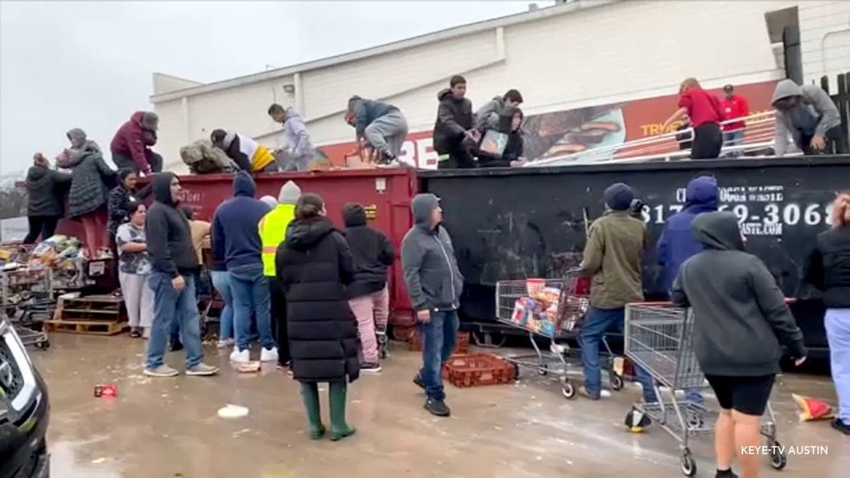 TPOTCB's tweet photo. @GregAbbott_TX Dumpster diving for food at HEB in Austin during the freeze.  Welcome to Greg Abbot and Dan Patrick's Texas! https://t.co/GLy0JyNT46