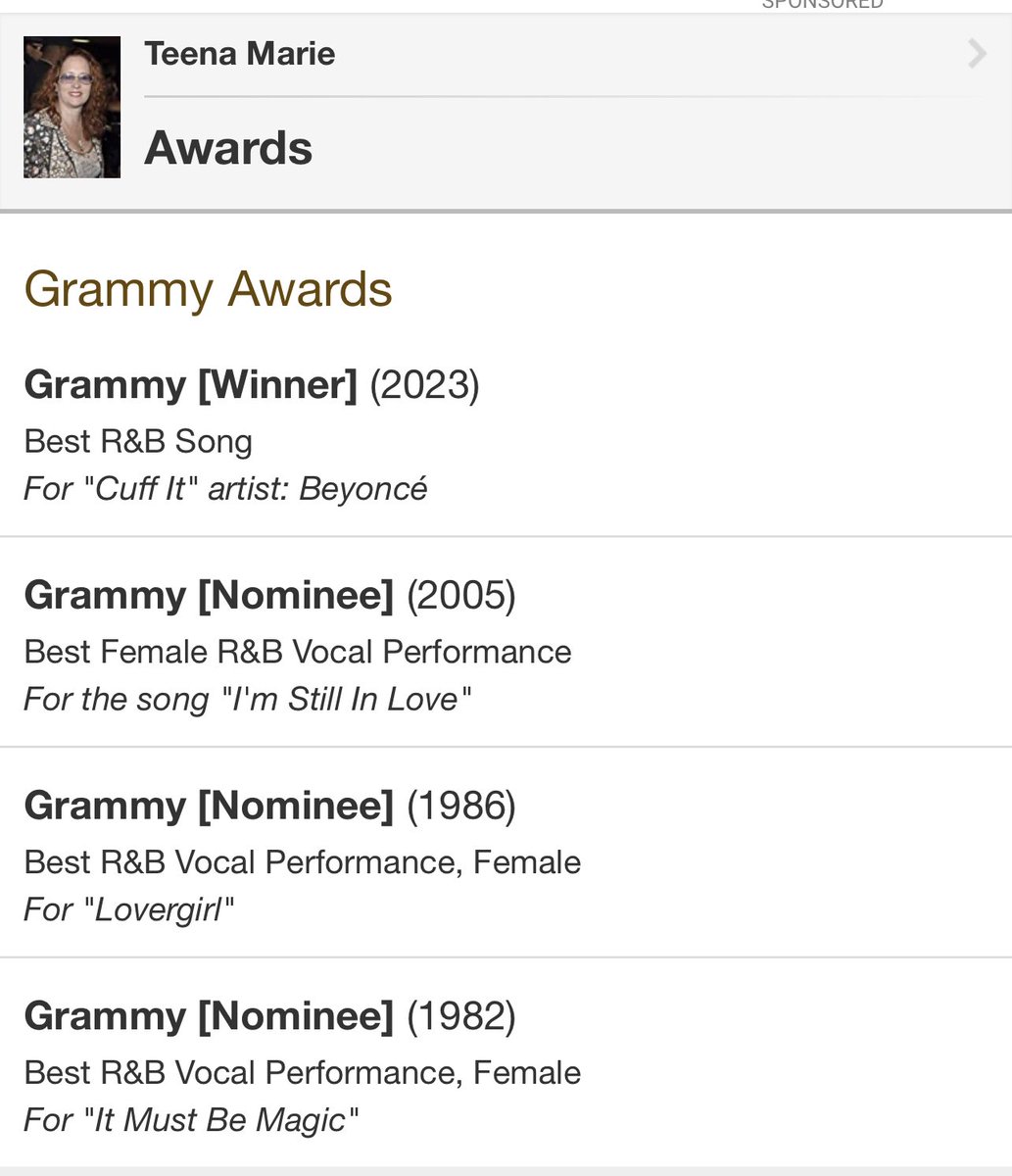 And this is why I will never be upset over the samples and the “400 writers”. Because of the sample in Cuff It, Teena Marie has posthumously won her first Grammy.