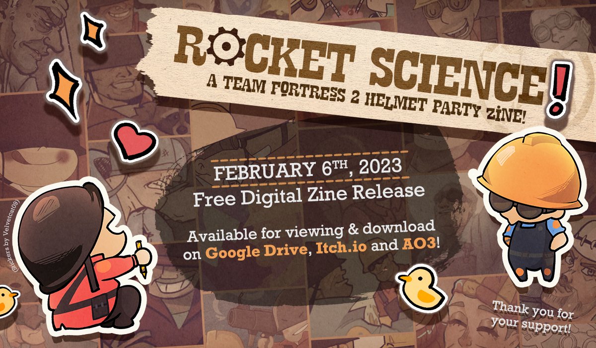 rshpzine's tweet photo. Hello #helmetparty community! We’re proud to share the fruits of everyone’s hard work: “Rocket Science! A Helmet Party Zine”! – a digital SFW zine of TF2’s Soldier x Engineer. 🎉 We hope you enjoy it! View &amp; download for free here:
 https://t.co/zdNOQc3z37 https://t.co/5EAjFb6VaY