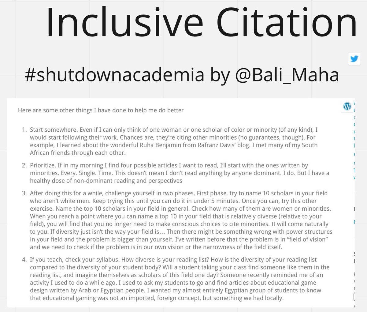 BeverleyBMiles's tweet photo. Timely reminder

“Who you cite either upholds or unsettles the geopolitical economy of ideas.”

#bibliodiversity @lesliekwchan 
#citeherwork @KishonnaGray @WendyLBelcher
#shutdownacademia @Bali_Maha 
#radicalcitation #intellectualgeneaology @SaraNAhmed
#citeblackwomen https://t.co/LU5M4rGkk8