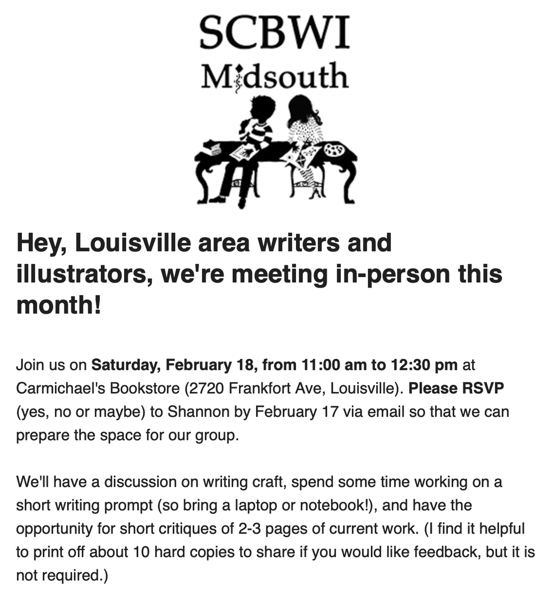 Hey Louisville #WritingCommunity...save the date! On Saturday 2/18, we're meeting at <a href="/carmichaelsbook/">Carmichael's</a> for our 1st local in-person meeting since pre-pandemic days! Hope to see y'all there. 💛📚
#SCBWI @SCBWI @SCBWIMidsouth #kidlit