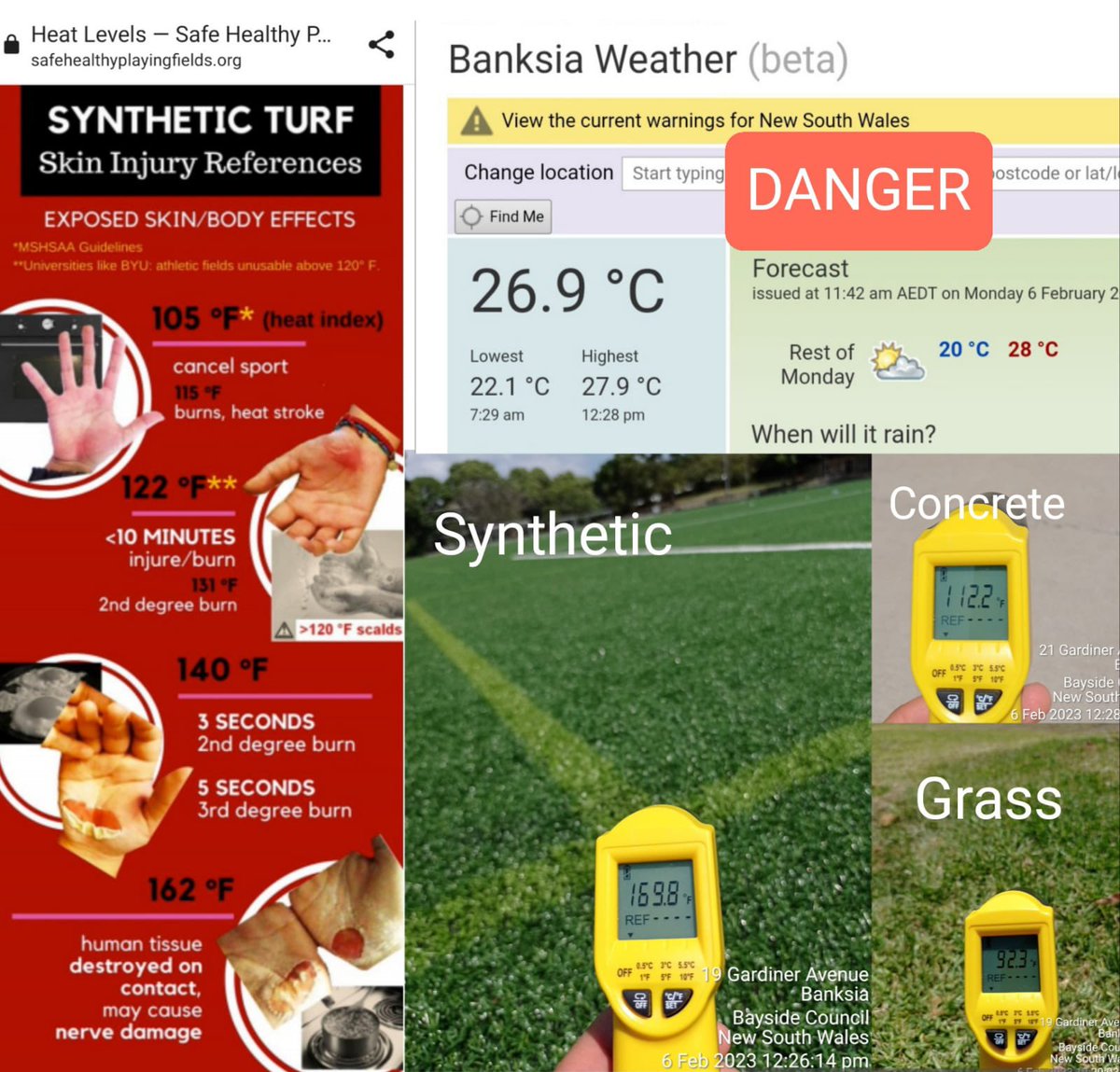 We changed the heat gun to Fahrenheit. Gardiner Park at 27deg C is measuring heat at the skin burning level. #heatkills <a href="/BaysideNSW/">Bayside Council</a> <a href="/NSWCSE/">NSW Chief Scientist & Engineer</a> <a href="/footballnsw/">Football NSW</a> <a href="/MelanomaAus/">Melanoma Institute Australia</a> <a href="/SwelteringCity/">SwelteringCities</a> <a href="/abcsydney/">ABC Sydney</a>