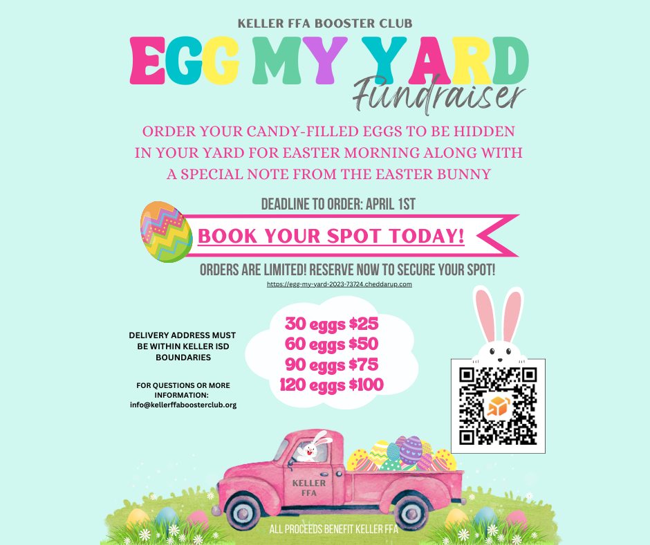 FfaKeller's tweet photo. Keller FFA Booster Club is egg-cited about our first ever Egg My Yard Fundraiser! Please help support our kids and let us do the hiding! https://t.co/dhjQU3Pm1c