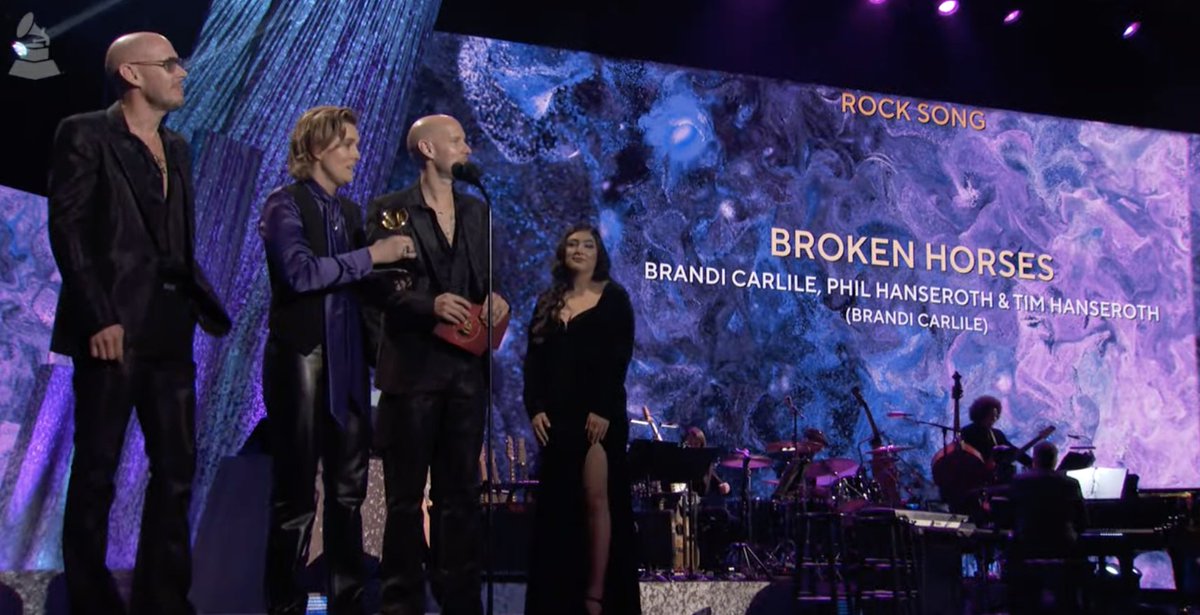 Congrats Best Rock Song winner - 'Broken Horses' Brandi Carlile, Phil Hanseroth & Tim Hanseroth, songwriters (@brandicarlile) #GRAMMYs 🎶 WATCH NOW grm.my/3YmHcN5