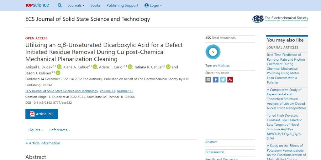 ECSorg's tweet photo. Read December's most-downloaded JSS Article, "Utilizing an α,β-Unsaturated Dicarboxylic Acid for a Defect Initiated Residue Removal During Cu post-Chemical Mechanical Planarization Cleaning," available now!

https://t.co/2kWbLbyRHI https://t.co/4C9lTa3unV