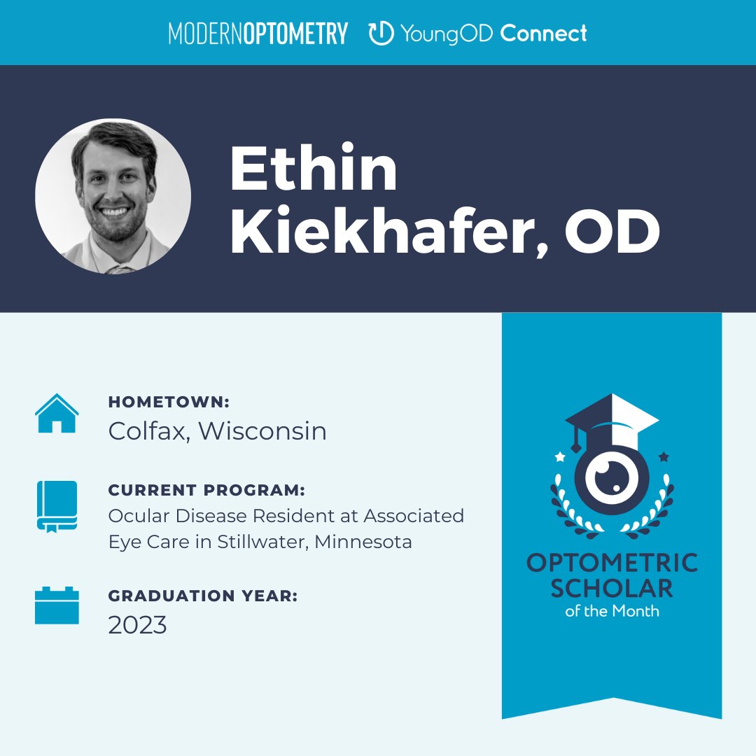 ModOptometry's tweet photo. Introducing MOD's first-ever #Optometric Scholar Honoree, Ethin Kiekhafer, OD! 🏆 Dr. Kiekhafer is an #oculardisease resident in Minnesota, where he sees acute care add ons, cataract + LASIK postops, and medical referrals. Learn more about him: https://t.co/Fwq72xyK6M https://t.co/bTETgvAb9q