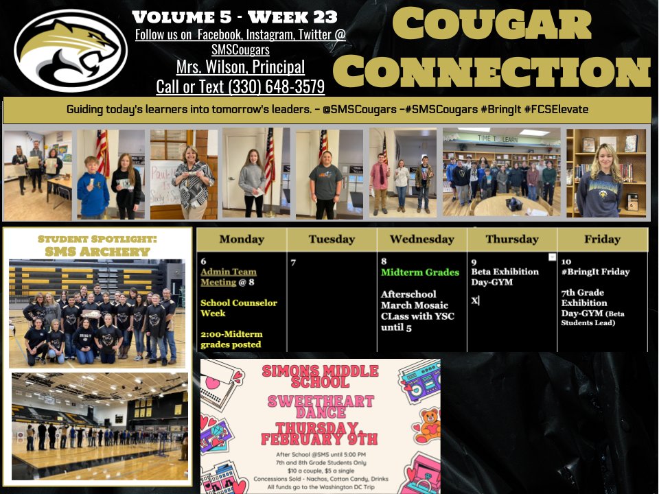 SMSCougars's tweet photo. Enjoy week 23 of the Cougar Connection. Congratulations to our Middle School Archery Team for being this week's student spotlight. Midterm grades go out on Wednesday. Make sure you get your NTI Work from last week turned in! 
https://t.co/7IJ2Mf9Ko1
#BringIt #SMSCougars https://t.co/r2UixE8nYR