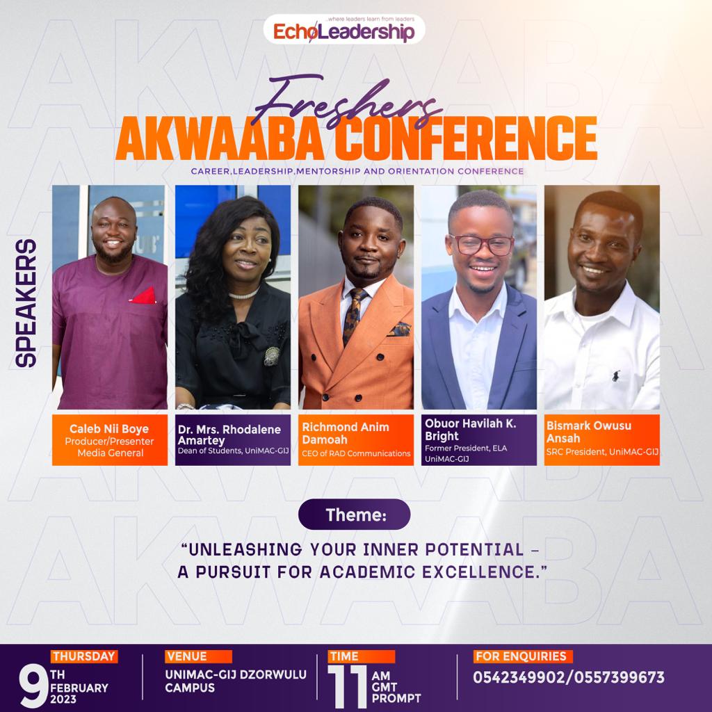 Harrietbynn's tweet photo. The Echo of Leadership team has invited lectures of  media academia and the current and past SRC presidents to speak at the freshers AKWAABA conference on 9th February at 11am at the North Dzowulu campus.@TDzineku and @kodwoboateng https://t.co/rr7zSKZU4j