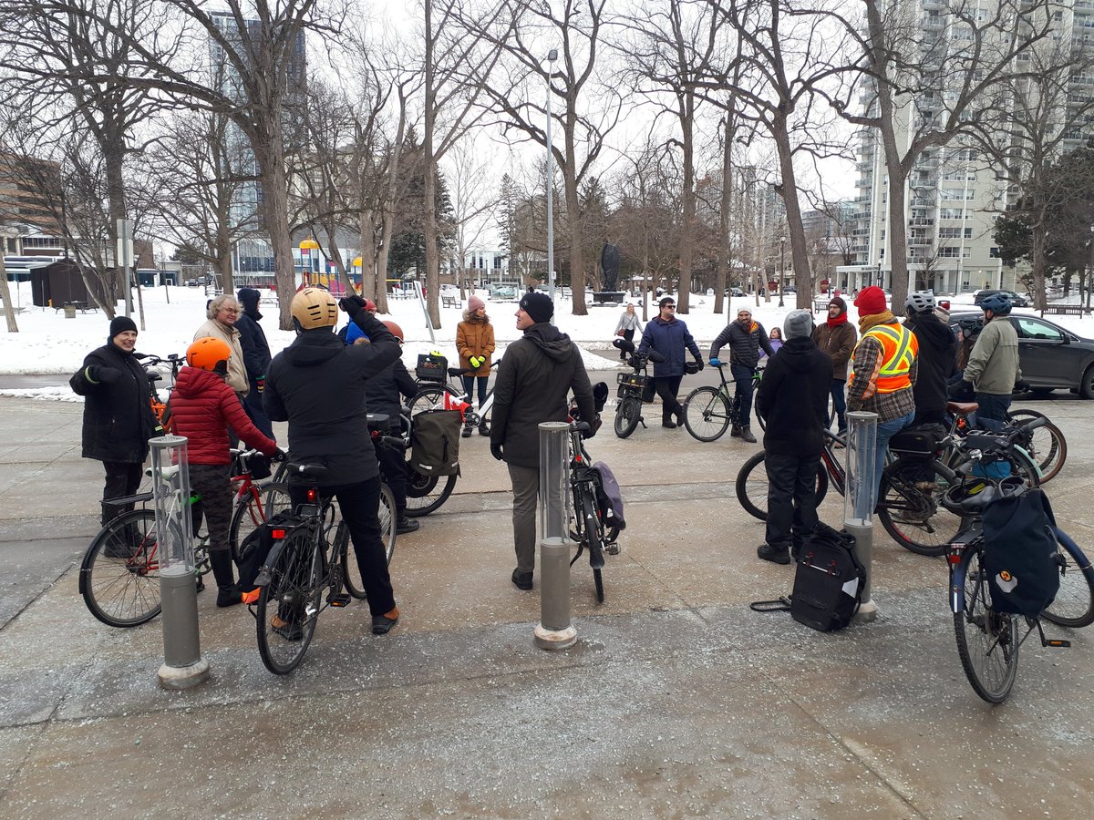 There was a great community bike ride today! We identified 7 things that the cities/region can do to make cycling better in KW:
 1. Slow the traffic on King st. in front of Waterloo Square (from Erb to William?). Make it easier to cross.
