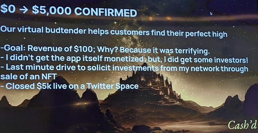 schwentker's tweet photo. .@run4pancakes presents @cashdchronicles
Virtual bud tender
- Created NFTs to drive sales
- Closed a $5k safe note on @TwitterSpaces
@_buildspace #nws2 https://t.co/lKFDdtv08S