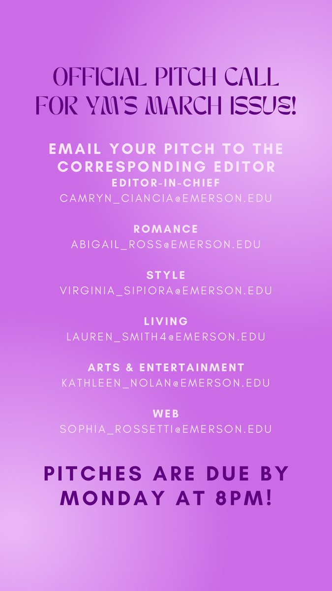 Pitches for our March issue are due tomorrow at 8 PM! Our editors’ emails are listed below.