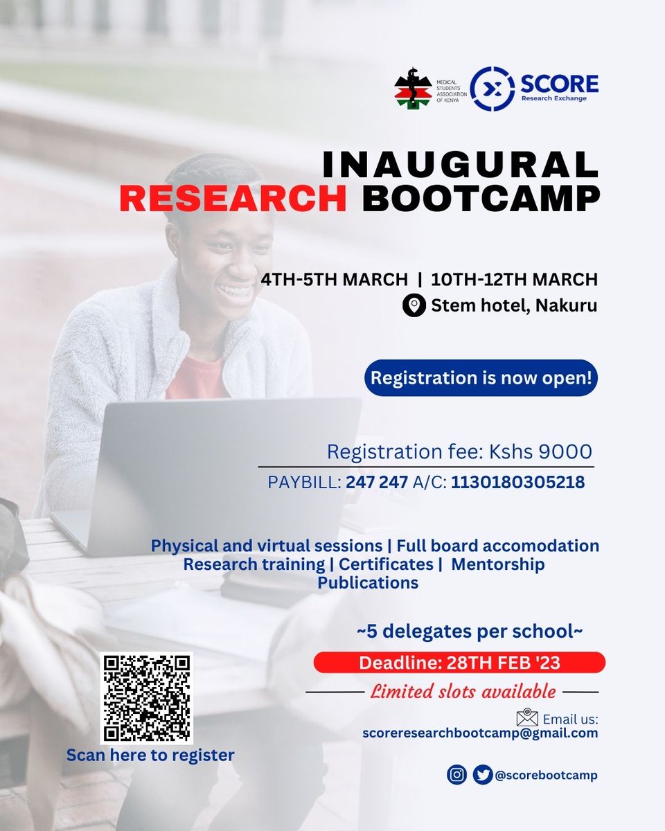 scorebootcamp's tweet photo. Register via this link, https://t.co/nHUQXUdzfE

The event will be in two sessions, Virtual event; 4th-5th March &amp; Physical event; 10th-12th March. .

Slots are limited to 5 Delegates per school.
#research https://t.co/RL0Czsbi37
