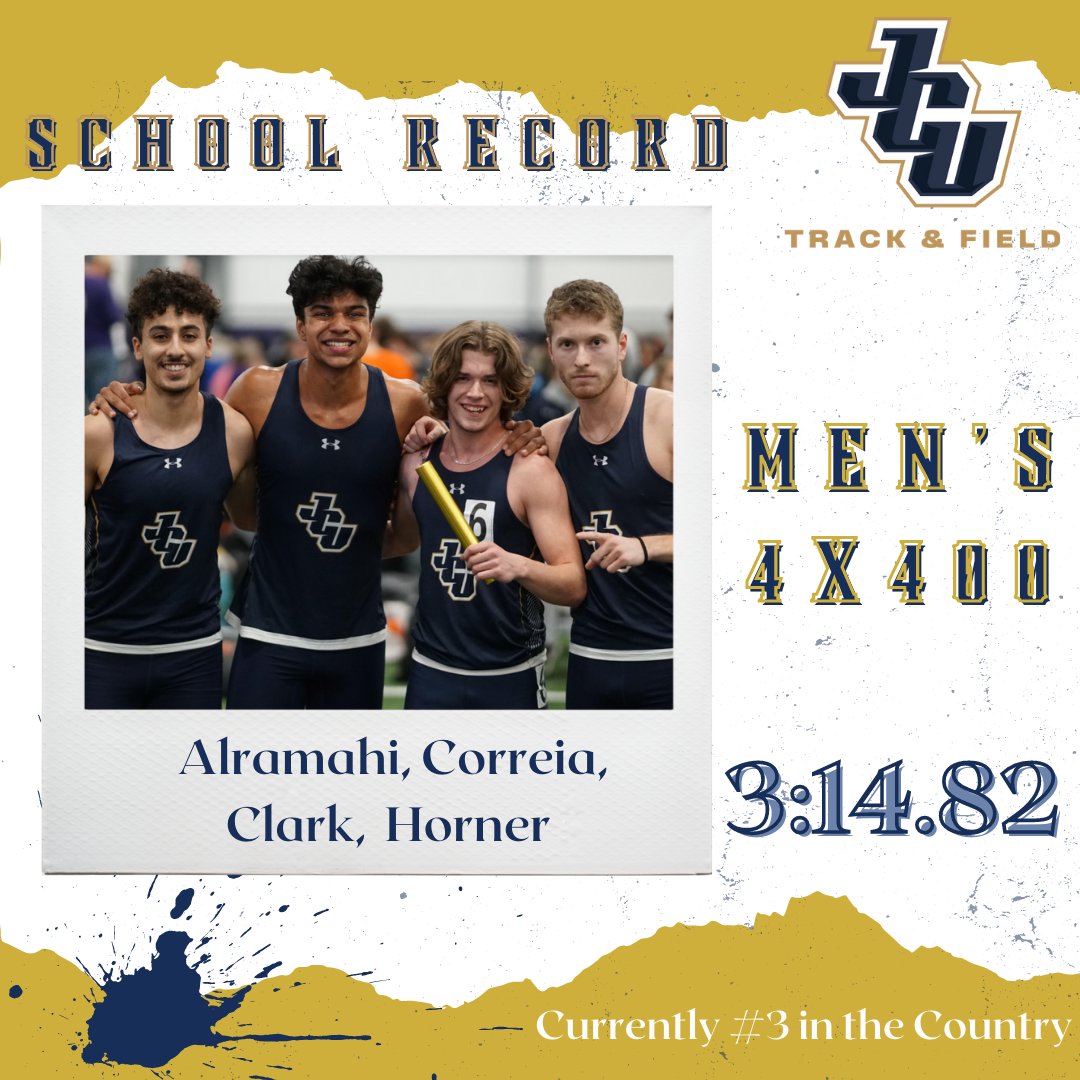 ⚡️The quartet of Alramahi, Correia, Clark &amp; Horner set a new standard in the Men's 4x400m Relay at Ashland on Saturday dropping 3 seconds from the previous SR set two weeks ago, running a blistering 3:14.82 which currently ranks them #3 in the country!  🌬️#streakup #whyjcu