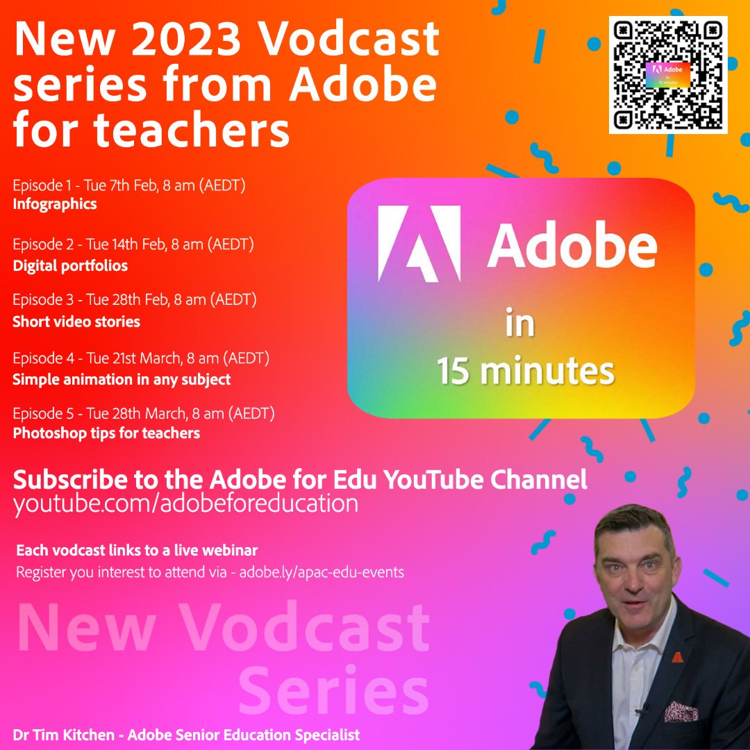 timkitchen's tweet image. The first of the Adobe in 15 min vodcasts is happening tomorrow at 8 am (AEDT) followed by the live webinar on Thurs  adobe.ly/15min-apac #AdobeEduCreative #createedu #AdobeforEducation #aussieED #edchat #eLearning #adobeedu #FutureFocusedLearning  #edtech #edtechchat #vicpln