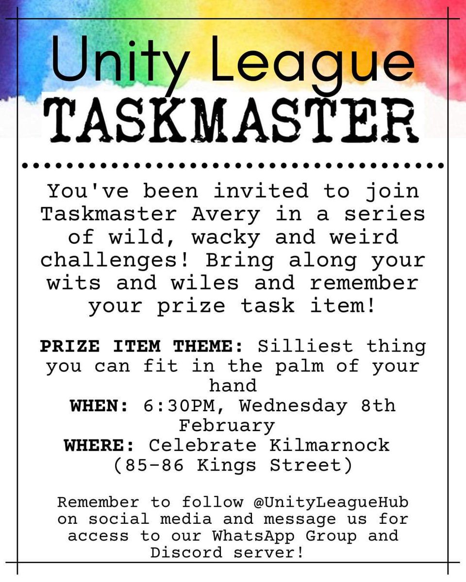 UnityLeagueHub's tweet photo. We here at @UnityLeagueHub are super excited to announce our #Taskmaster themed event this Wednesday, come along and join the festivities, run by our very own Greg Davies in training, Avery.

#UnityLeague #Kilmarnock #EastAyrshire #lgbtayrshire #lgbtkilmarnock #pride #queer https://t.co/hlSCpO5aLu