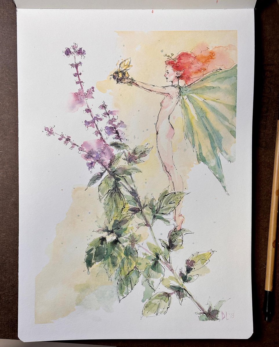 DanielLanderman's tweet photo. Continuing with the #faeries! I used a clipping from my African blue basil for inspo. The bees love it. #Ink &amp; #watercolor in my A4 hot press #sketchbook from @etchr_lab 
Maybe if we ask really nice they’ll make us A3 or B3 sized books. In portrait format 😆🎨🙏🏽
#painting #art https://t.co/gQXhOazKJi