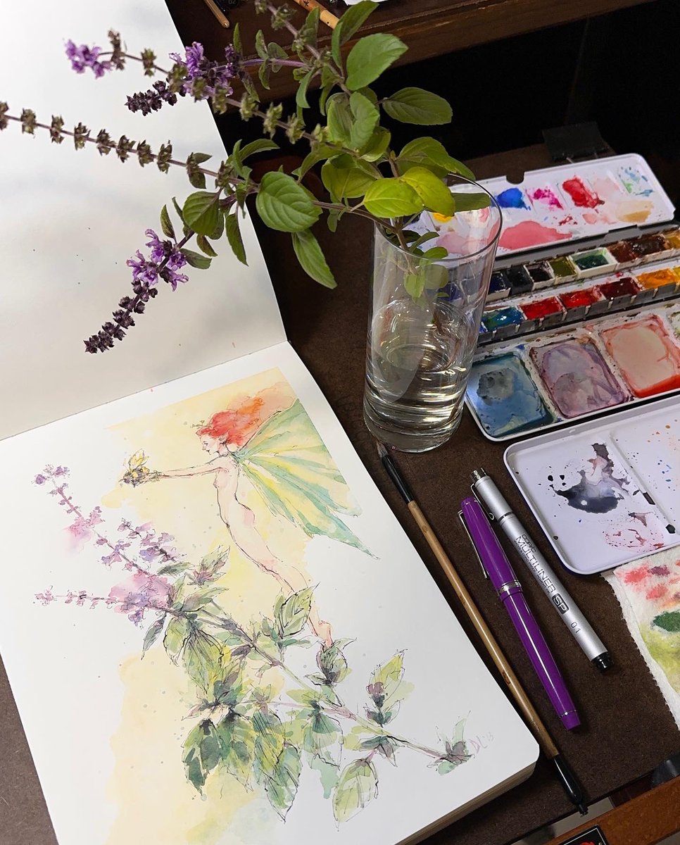 DanielLanderman's tweet photo. Continuing with the #faeries! I used a clipping from my African blue basil for inspo. The bees love it. #Ink &amp; #watercolor in my A4 hot press #sketchbook from @etchr_lab 
Maybe if we ask really nice they’ll make us A3 or B3 sized books. In portrait format 😆🎨🙏🏽
#painting #art https://t.co/gQXhOazKJi