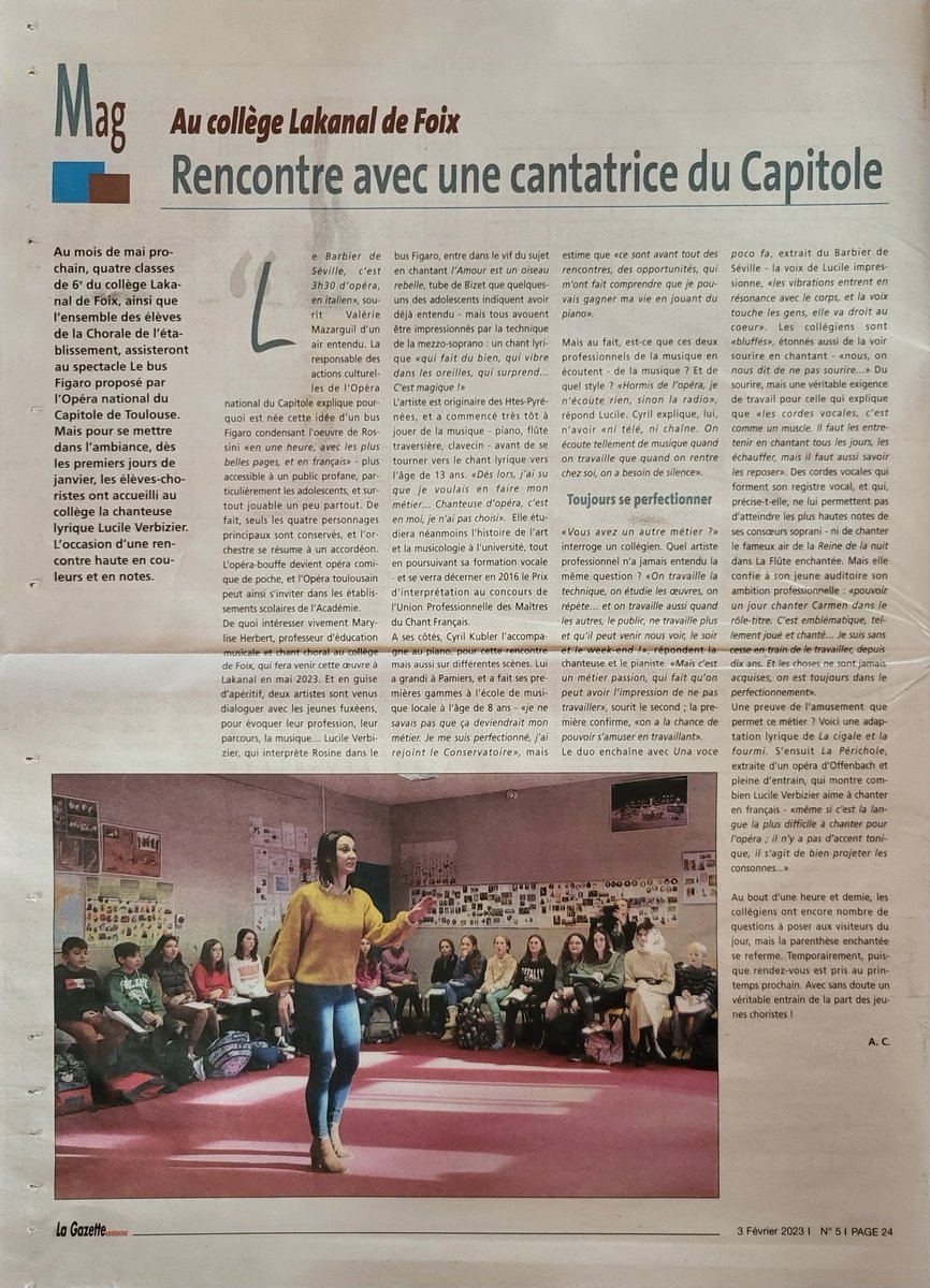 Super article de presse dans La Gazette Ariègeoise pour la venue de Lucile VERBIZIER au collège Lakanal à Foix dans le cadre du projet Le Bus Figaro.
 Merci Antoine Cochet pour ce magnifique article 🙏 👏🎼<a href="/DAACToulouse/">DAAC Toulouse</a> @operaducapitole <a href="/CollegeLakanal/">Lakanal</a> <a href="/MusiqueToulouse/">Education musicale - Toulouse</a>