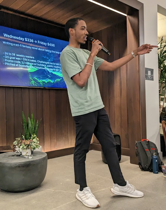 schwentker's tweet photo. .@emanperez28 presents his sci-fi novel Inventus
* progressed from 24 to 50 readers
* spoke to 60+ people in front of SF bookstore
https://t.co/aFRaNrK4dF
@_buildspace #nws2 https://t.co/S2aUUtiKQJ