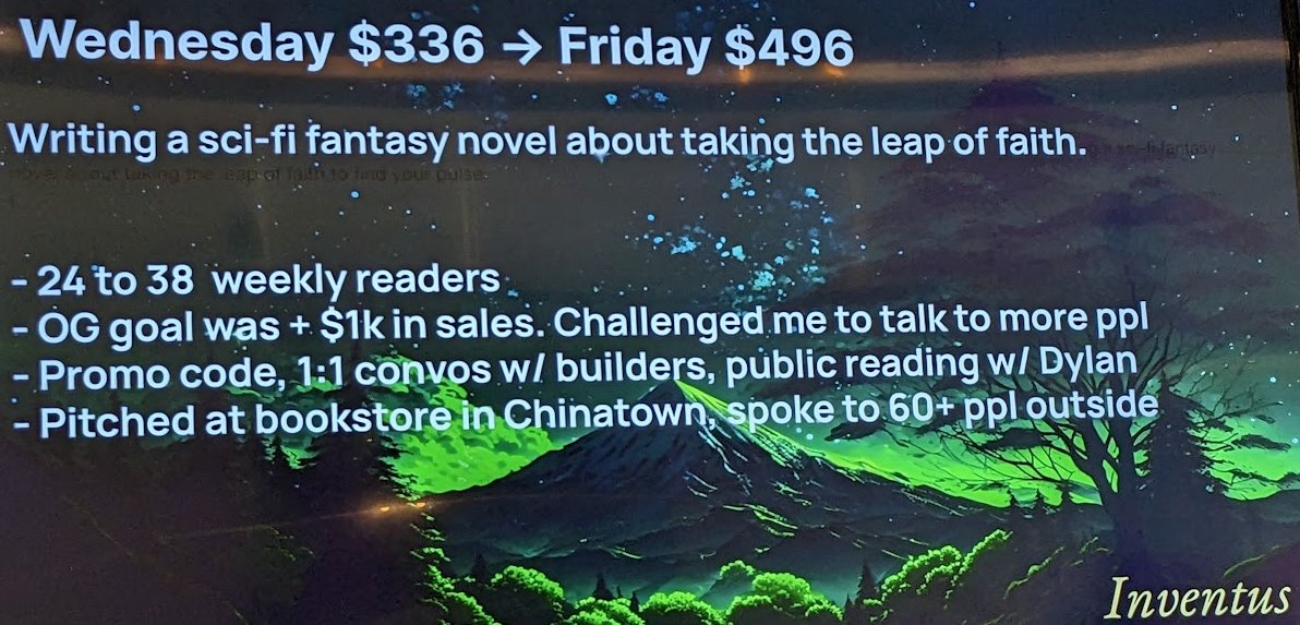 schwentker's tweet photo. .@emanperez28 presents his sci-fi novel Inventus
* progressed from 24 to 50 readers
* spoke to 60+ people in front of SF bookstore
https://t.co/aFRaNrK4dF
@_buildspace #nws2 https://t.co/S2aUUtiKQJ