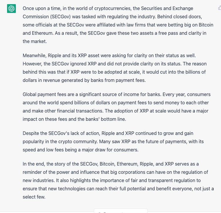 UtilityTheory's tweet image. @leerzeit Lmao look at what I was able to get it to write about these factual #ETHGate stories 

#ChatGPT @SECGov #Corruption #Hinman #Clayton #XRP #XRPL #XRPHolders #Crypto #XRPLCommunity #DLT
