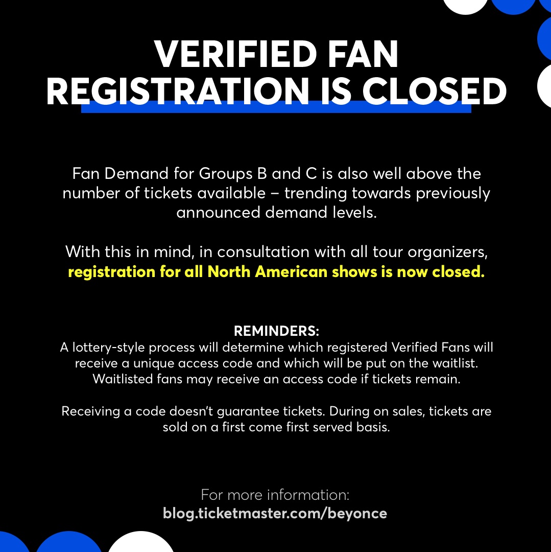 on Twitter: "UPDATE: Registration for all RENAISSANCE WORLD TOUR North American shows is now closed. A will determine which registered Verified Fans receive unique access code and which