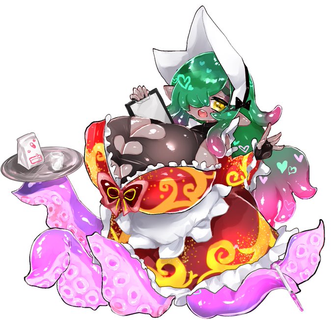 【お仕事情報】ご依頼者様のうちよそカプのの娘ちゃんである墨瓦(すみか)=シクスレルム=ミストルティンちゃんを描かせて頂きました!表情差分や小物差分も描くの楽しかった〜🧪💚🐙
 #Commission 