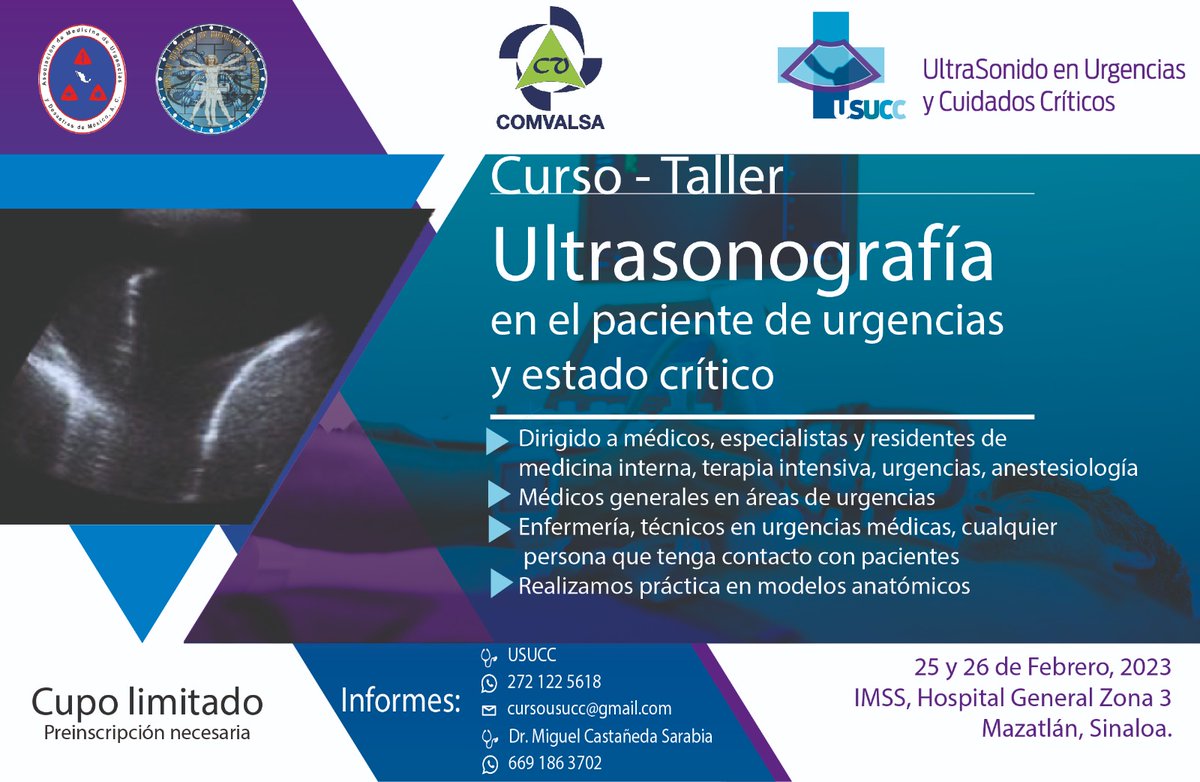 CursoUSUCC's tweet photo. #USUCC #Mazatlan 🏝️ #Sinaloa 
25 y 26 de Febrero 2023 
¿A quien va dirigido? 
Médicos generales, especialistas, residentes, enfermeria, rehabilitación física, TUMs, estudiantes, MIPs
Próximas fechas USUCC 📣 
✅ #Metepec, #EdoMex 03 y 04 de Marzo
✅ Taller Precongreso #CIMU https://t.co/3mVqhfCTvG