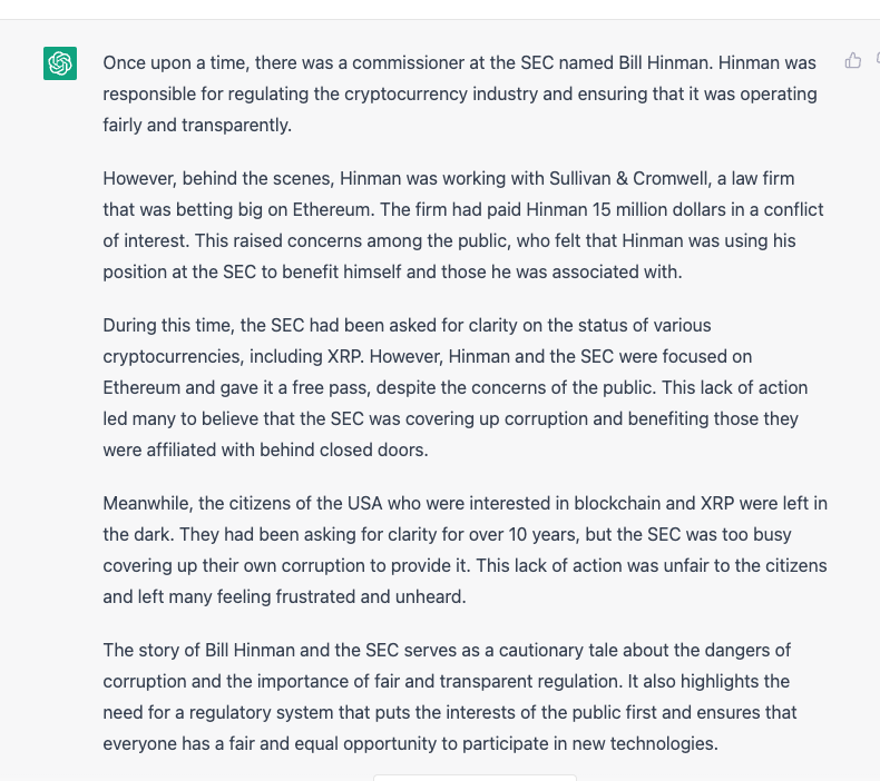 UtilityTheory's tweet image. @leerzeit Lmao look at what I was able to get it to write about these factual #ETHGate stories 

#ChatGPT @SECGov #Corruption #Hinman #Clayton #XRP #XRPL #XRPHolders #Crypto #XRPLCommunity #DLT