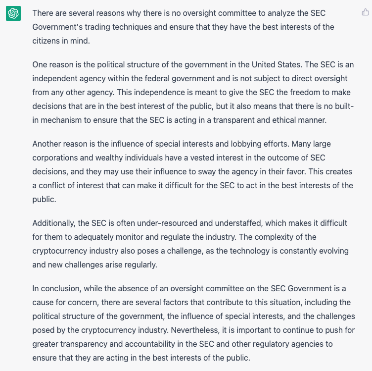 UtilityTheory's tweet image. @leerzeit Lmao look at what I was able to get it to write about these factual #ETHGate stories 

#ChatGPT @SECGov #Corruption #Hinman #Clayton #XRP #XRPL #XRPHolders #Crypto #XRPLCommunity #DLT