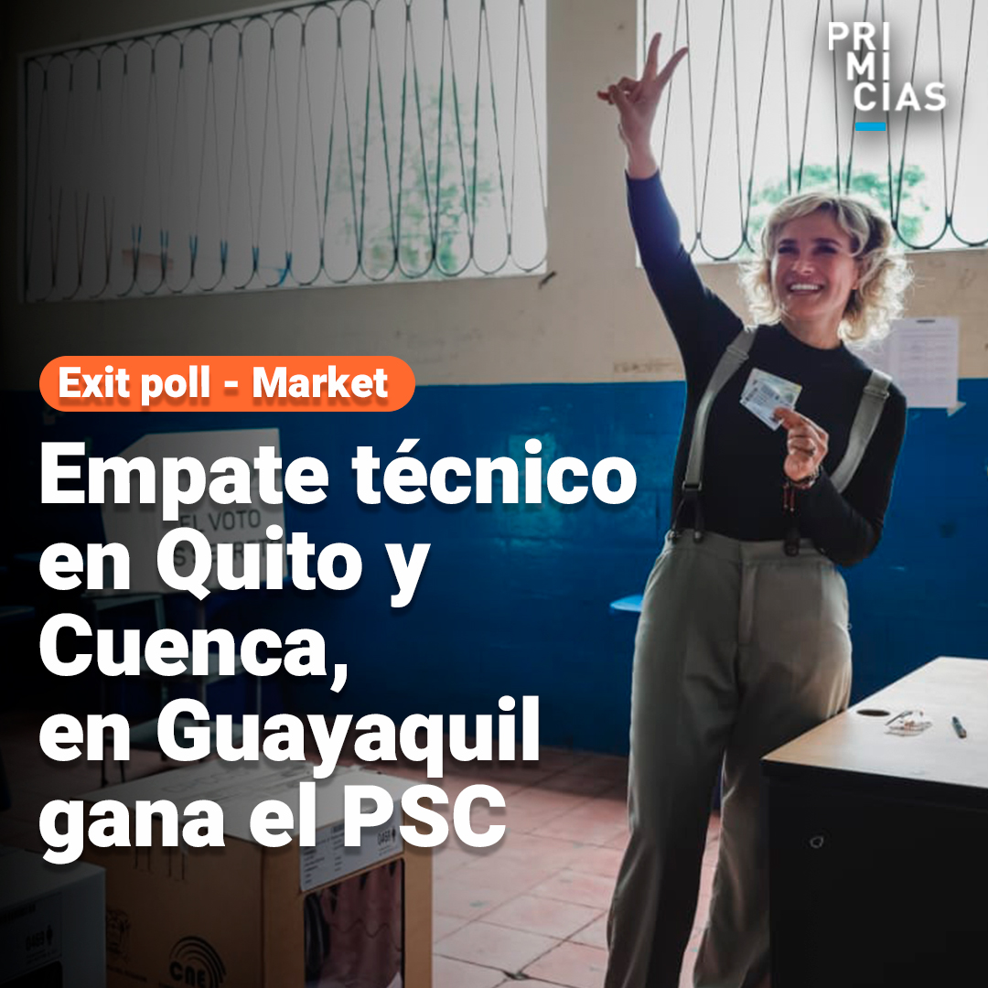 #Elecciones2023Ec | Según los primeros resultados de exit poll, publicados por la empresa Market, la disputa por las alcaldías de #Quito y #Cuenca, reportan empates técnicos. En #Guayaquil, la encuesta confirmaría el triunfo socialcristiano. prim.ec/xRwA50MK3UC