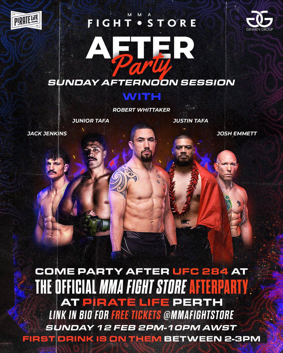 GinnenSports's tweet photo. This Weekend! Join the boys for Sunday sessions this weekend @ MMA Fight Store after party straight after before the night one kicks off! #UFC284 #PirateLife #MMAFightStore https://t.co/t0W1qWpmKd
