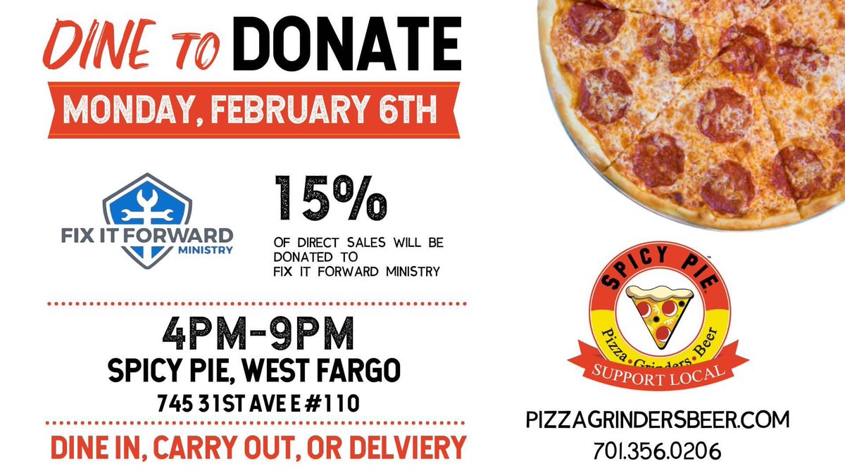FIFMinistryFM's tweet image. Join us at @SpicyPiePizzaND in West Fargo this Monday night! Who doesn’t love pizza for dinner after a long Monday?! 😁