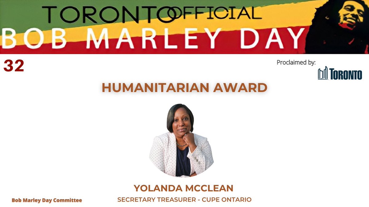 Congratulations to Yolanda McClean <a href="/Yoequality/">Yolanda McClean</a> on being named one of the 2023 Bob Marley Day Humanitarian award recipients. Yolanda is Secretary-Treasurer of <a href="/CUPEOntario/">CUPE Ontario</a> and Chair of <a href="/CBTU_Canada/">CBTU Canada</a>. #onelove