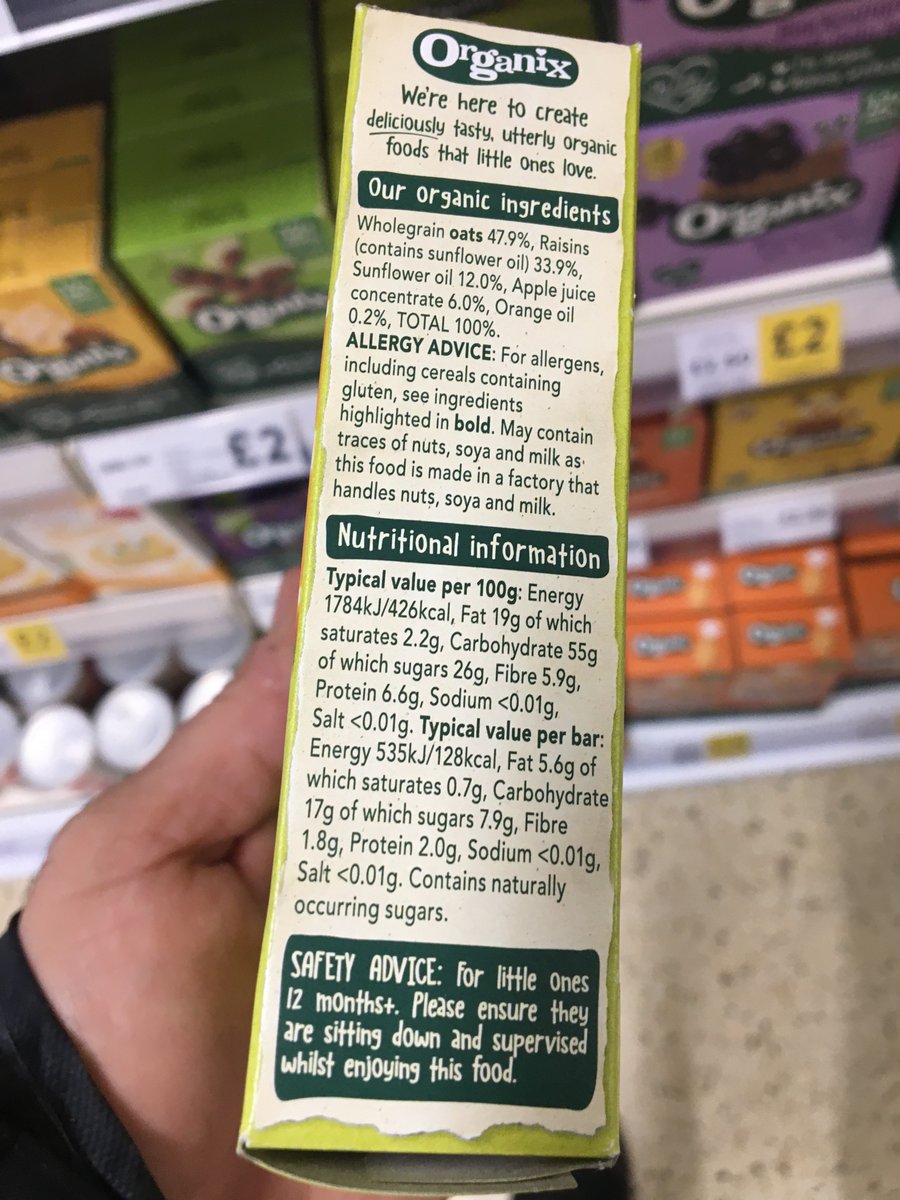 insideeat's tweet image. Organix Apple &amp;amp; Orange Soft Oaty Bars are sold in packs of 6.

The product contains organic ingredients;
47.9% wholegrain oats,
33.9% grapes,
12% sunflower oil,
6% apple juice concentrate, and 0.2% orange oil.

The product does not contain preservatives, colorings, or flavorings.