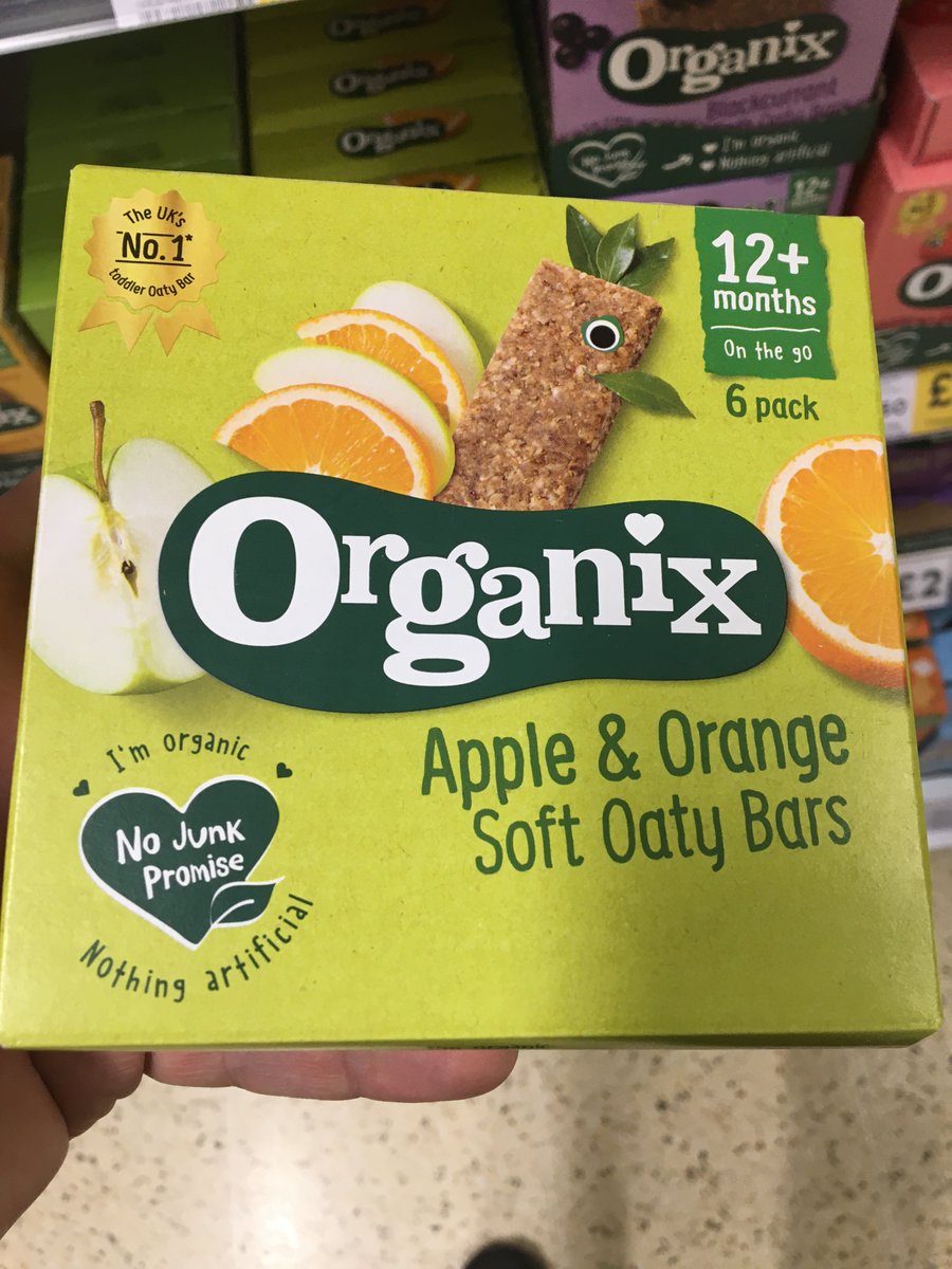 insideeat's tweet image. Organix Apple &amp;amp; Orange Soft Oaty Bars are sold in packs of 6.

The product contains organic ingredients;
47.9% wholegrain oats,
33.9% grapes,
12% sunflower oil,
6% apple juice concentrate, and 0.2% orange oil.

The product does not contain preservatives, colorings, or flavorings.