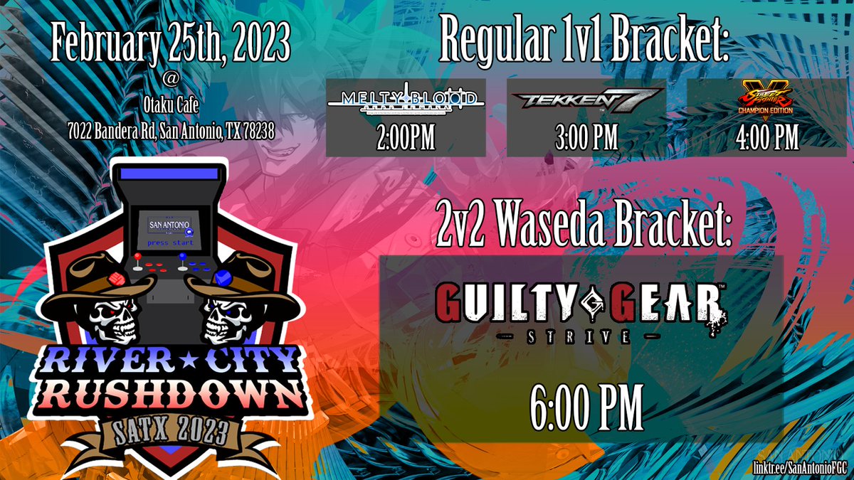 Another month, another monthly!

River City Rushdown February 2023 brings you.. a 2v2 Strive Waseda tournament! Please be sure to read the IMPORTANT 2v2 info at the top of the start gg page right under the flyer graphic. 

Register: 
start.gg/tournament/riv…