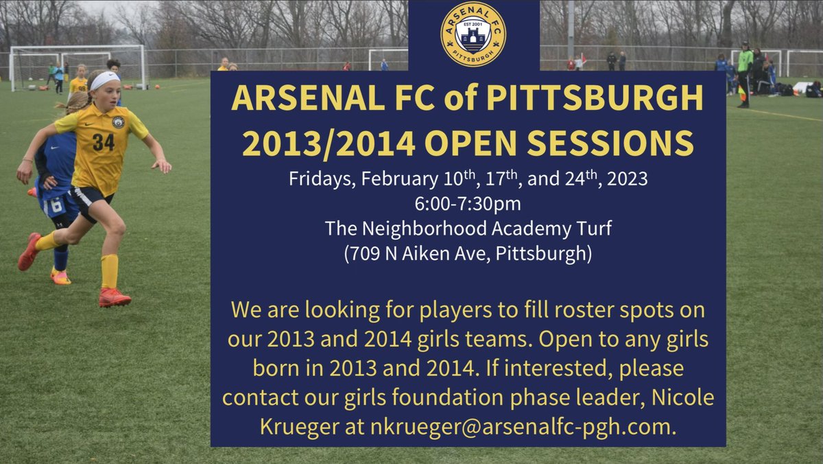 ArsenalFCofPgh's tweet photo. Our 2011-2014 girls are offering open sessions &amp; accepting new players! More info is in the images. Please share with anyone who may be interested! #pittsburgh #soccer #pittsburghsoccer https://t.co/ovnqRw7lL1
