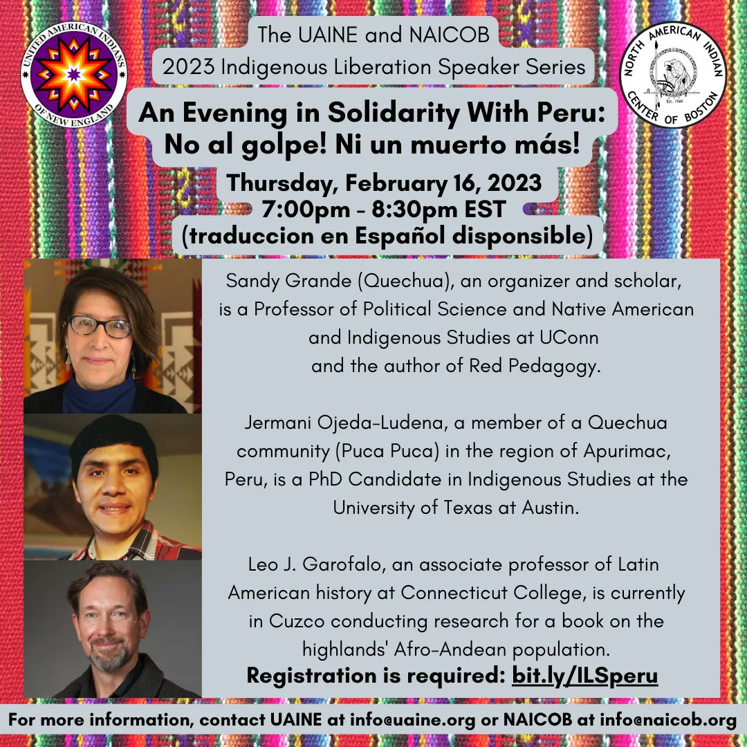 Excited to announce our upcoming webinar, An Evening In Solidarity With Peru, on Feb. 16 @ 7 pm EST.
Find out why thousands of Indigenous people, campesinos, students &amp; more are risking their lives to oppose the Boluarte coup govt.
 -Tradduccion en Español disponsible.-<a href="/NAICOB91/">North American Indian Center of Boston</a>