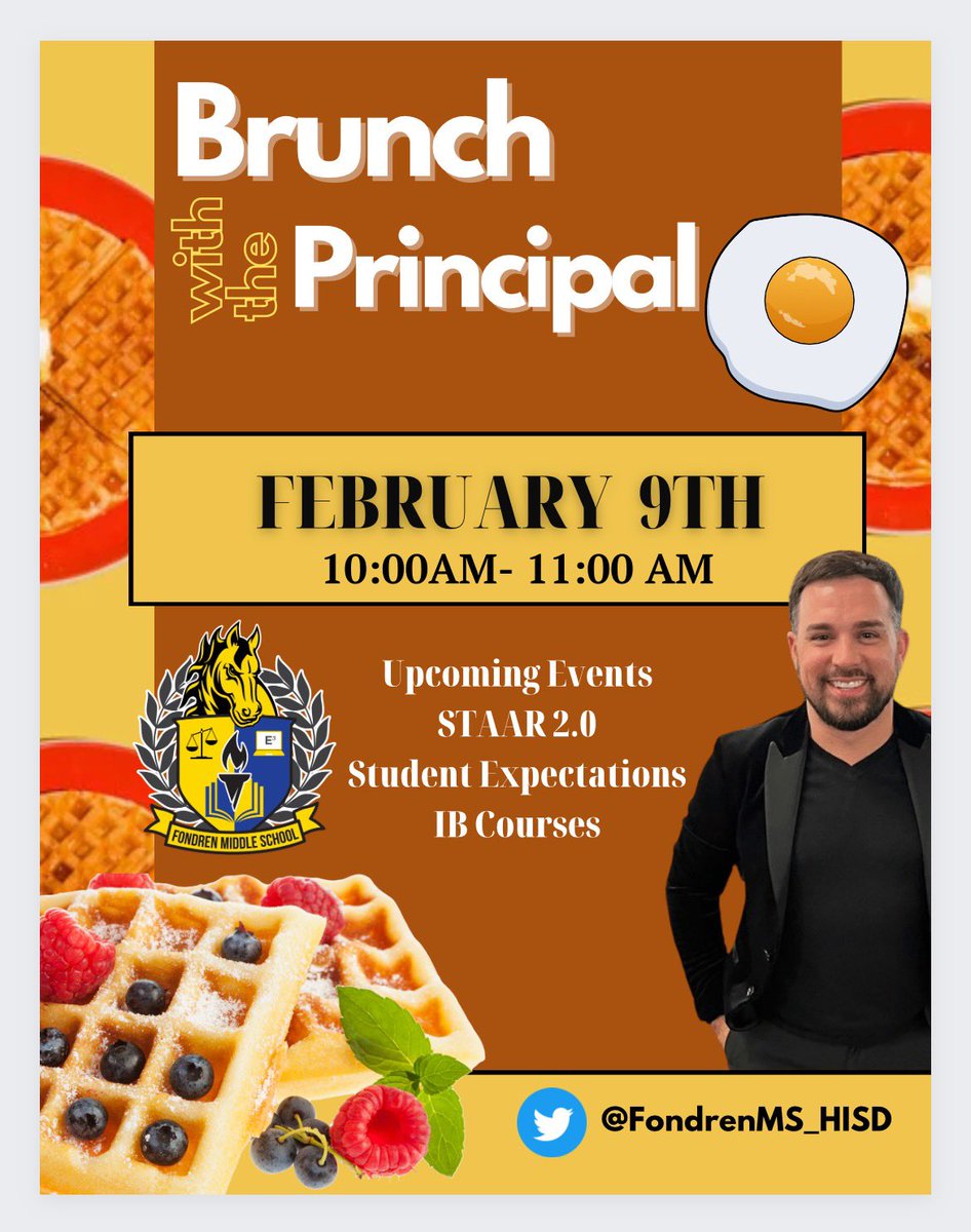 TJCotter's tweet photo. This Thursday, February 9th, @FondrenMS_HISD will be hosting Brunch with the Principal. It’s going to be sweet! 

Shoutout to @Coach_JHaynes &amp; @iteach_tcarr for designing the flyer and marketing our monthly event! https://t.co/1aMkmKNlfE