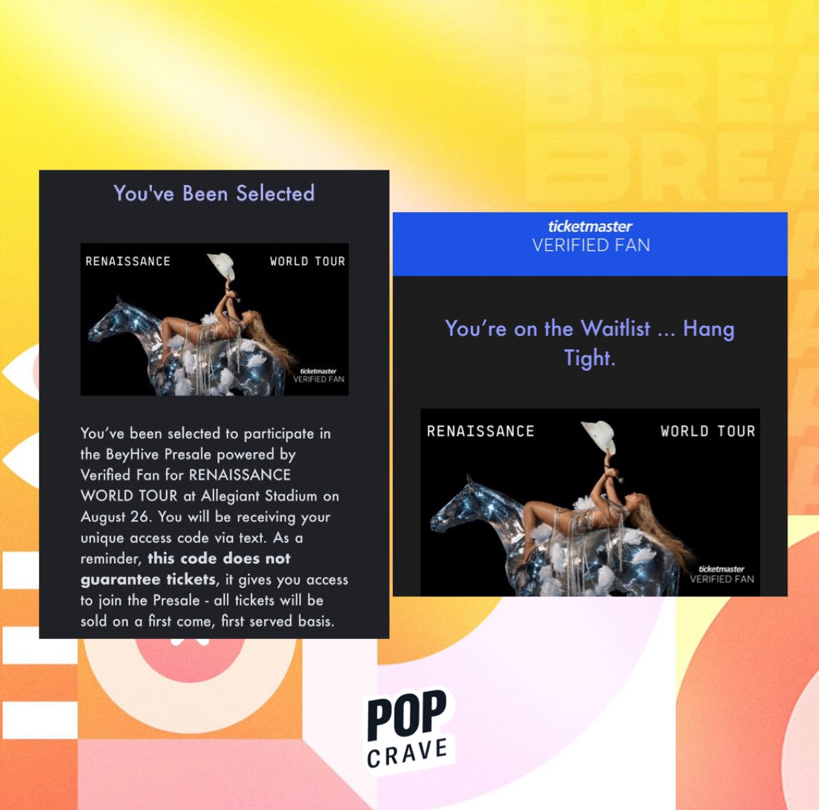 PopCrave's tweet photo. Fans who signed up for the RENAISSANCE WORLD TOUR pre-sale are now receiving emails to find out if they've been selected to participate. https://t.co/ZFpmMc6eLL