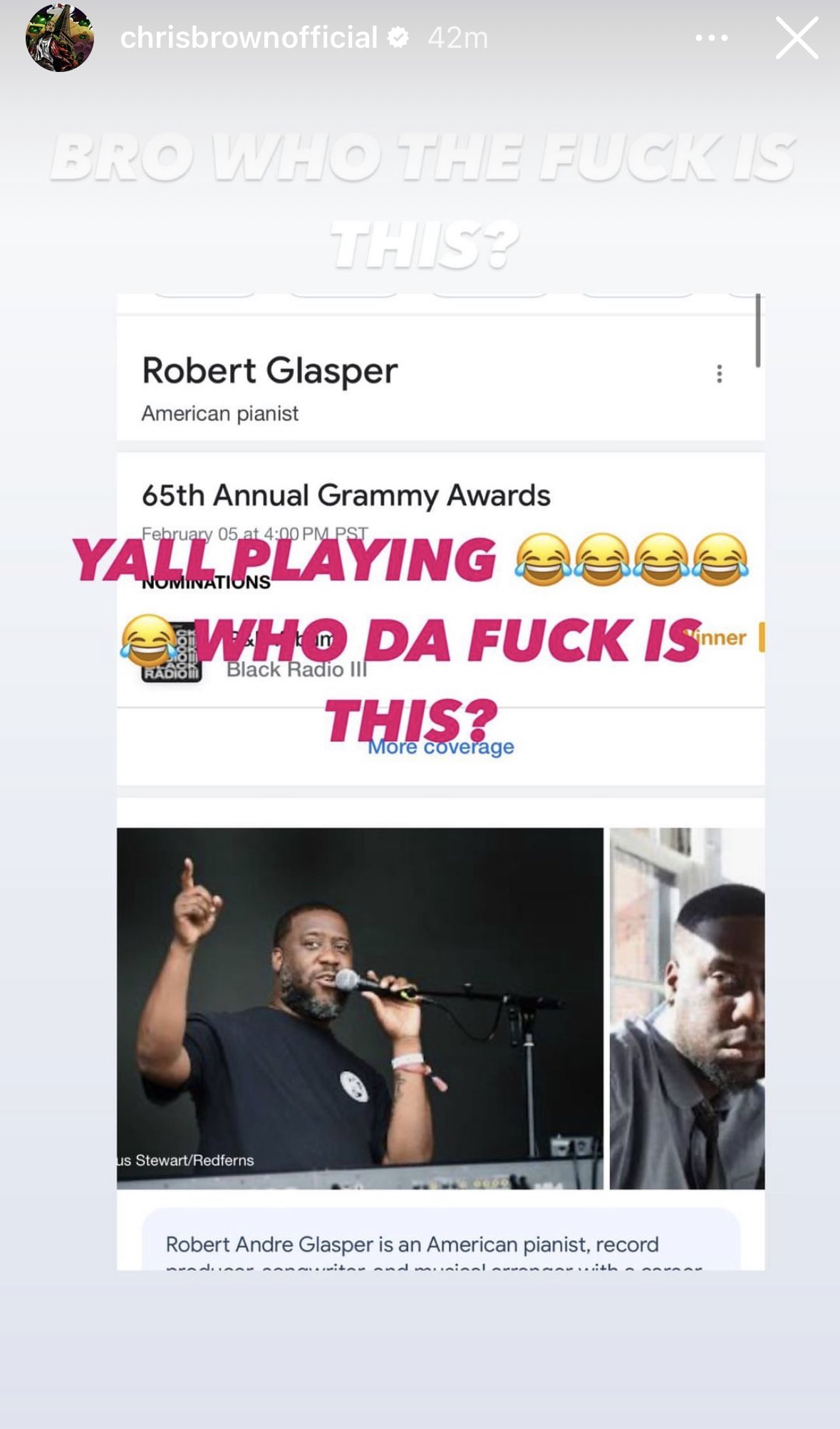 Rap Alert on X: "Chris Brown reacts to losing Best R&B Album to Robert  Glasper at the 65th annual #Grammys https://t.co/uUcrwP2VW6" / X